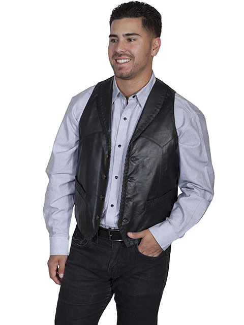 Whip stitch leather lapel vest (Size: XXLarge / Ranch Tan)