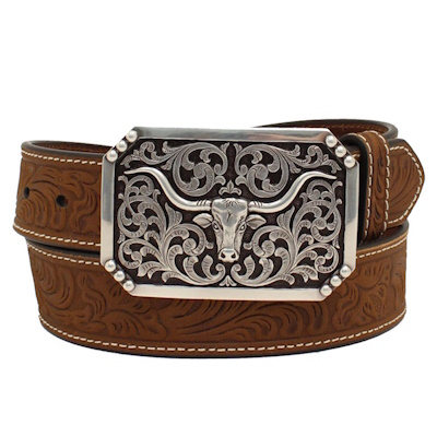 (image for) 1 1/2" Floral Leather Belt Longhorn Buckle
