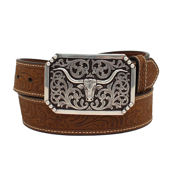 (image for) 1 1/2" Floral Leather Belt Longhorn Buckle