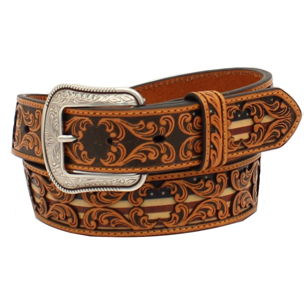 (image for) 1 1/2" Leather Floral Overlay USA Flag Belt