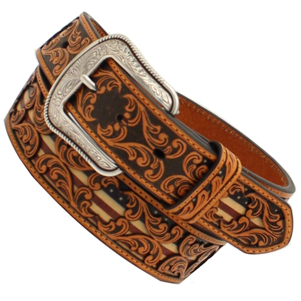 (image for) 1 1/2" Leather Floral Overlay USA Flag Belt