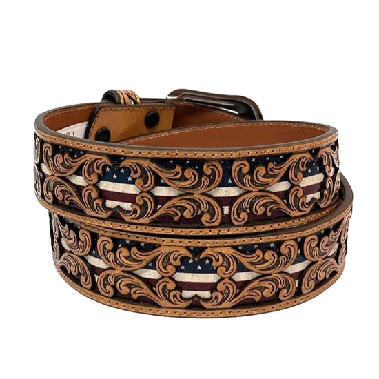 (image for) 1 1/2" Leather Floral Overlay USA Flag Belt