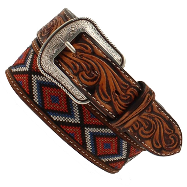 (image for) 1 1/2" Floral Leather Bead Inlay Belt