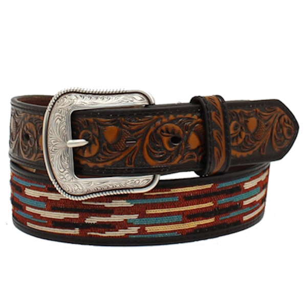 (image for) 1 1/2" Tooled Leather Woven Inlay Belt