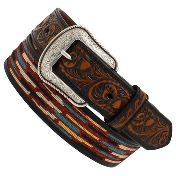 (image for) 1 1/2" Tooled Leather Woven Inlay Belt