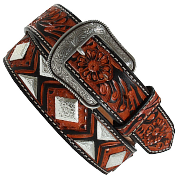(image for) 1 1/2" Floral Tooled Brown Leather Belt Conchos