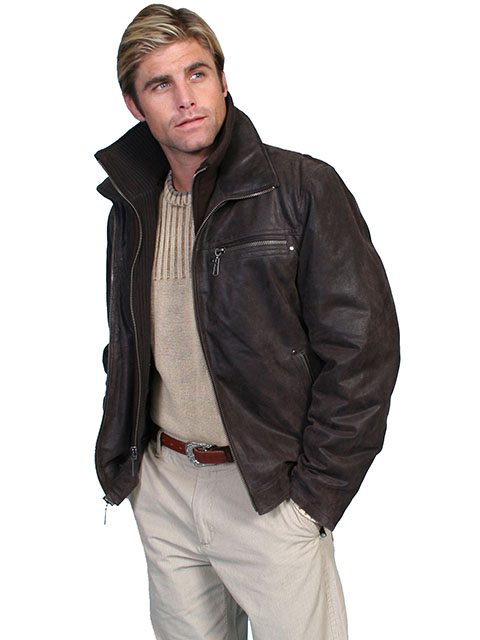 Leather jacket zip-out knit collar & flannel front
