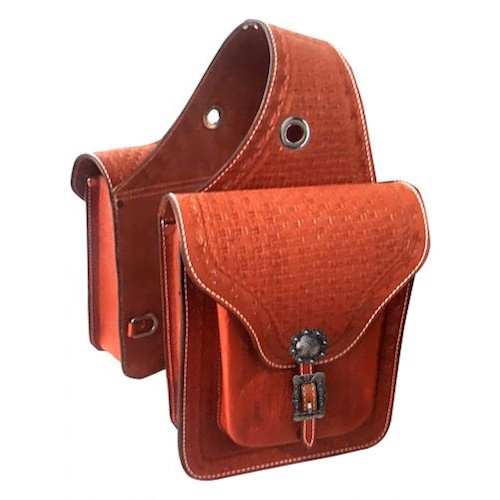 (image for) Basketweave Tooled Leather Saddle Bags with Outer Pockets