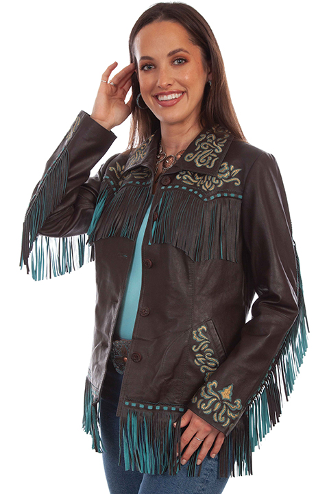 (image for) Ladies Embroidered Brown Leather Fringe Jacket (Size Medium)