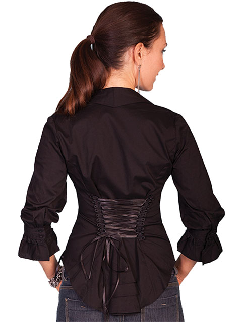 (image for) 3/4 sleeve ruffled blouse w/lace-up back