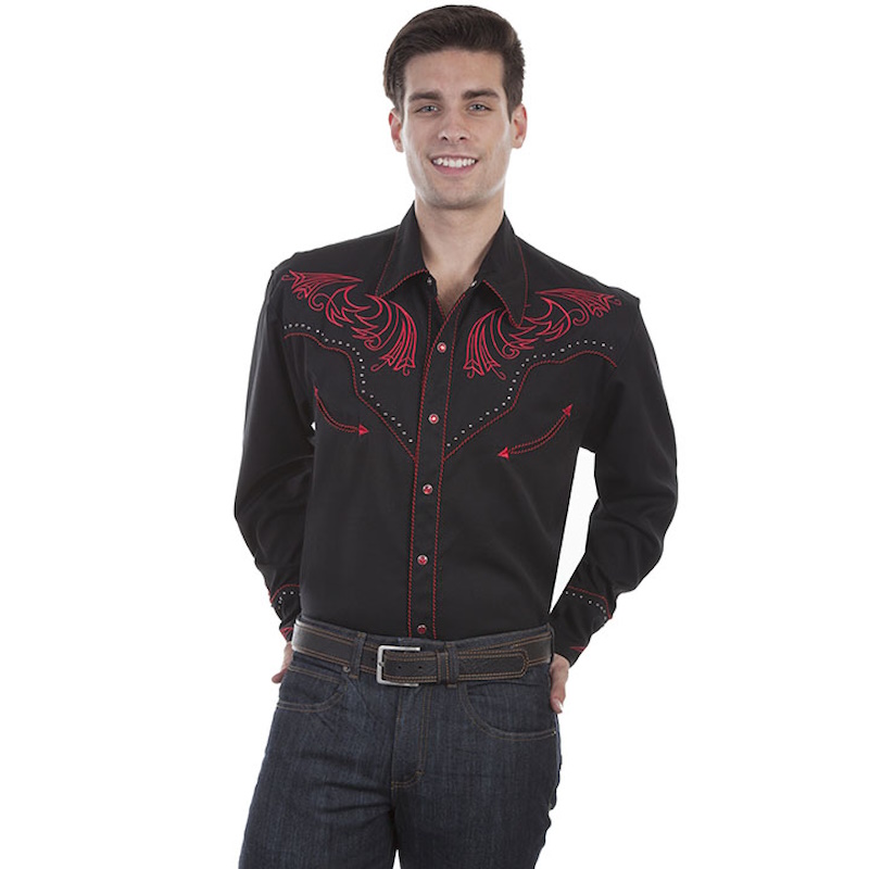 (image for) Embroidered Red Scrollwork Yokes Snap Front Western Shirt