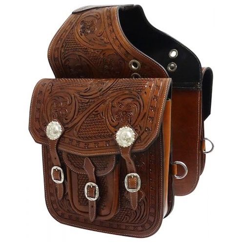 (image for) Tooled Leather Saddle Bags with Engraved Silver Conchos & Buckles