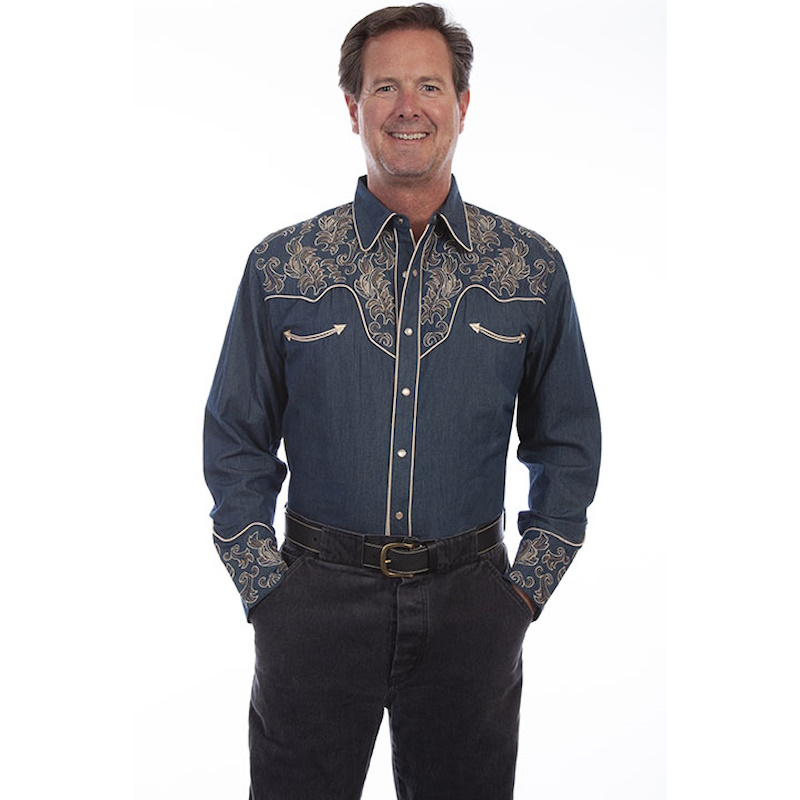 (image for) Denim Snap Front Western Shirt Leafy Scroll Embroidery