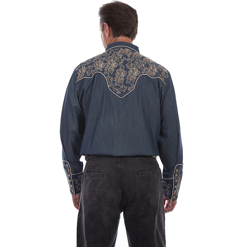 (image for) Denim Snap Front Western Shirt Leafy Scroll Embroidery