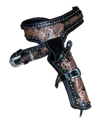 (image for) Drop Loop Gun Belt with Side Holster Oak Leaf Design Leather and Nickel Studs