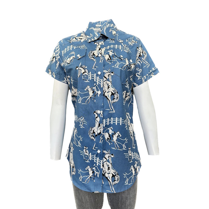 (image for) Women’s Vintage Bronc Print Short Sleeve Blue Western Shirt