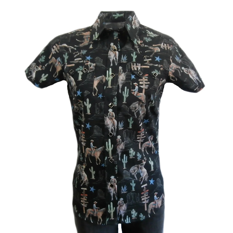 (image for) Women’s Vintage Western Print Short Sleeve Shirt in Black