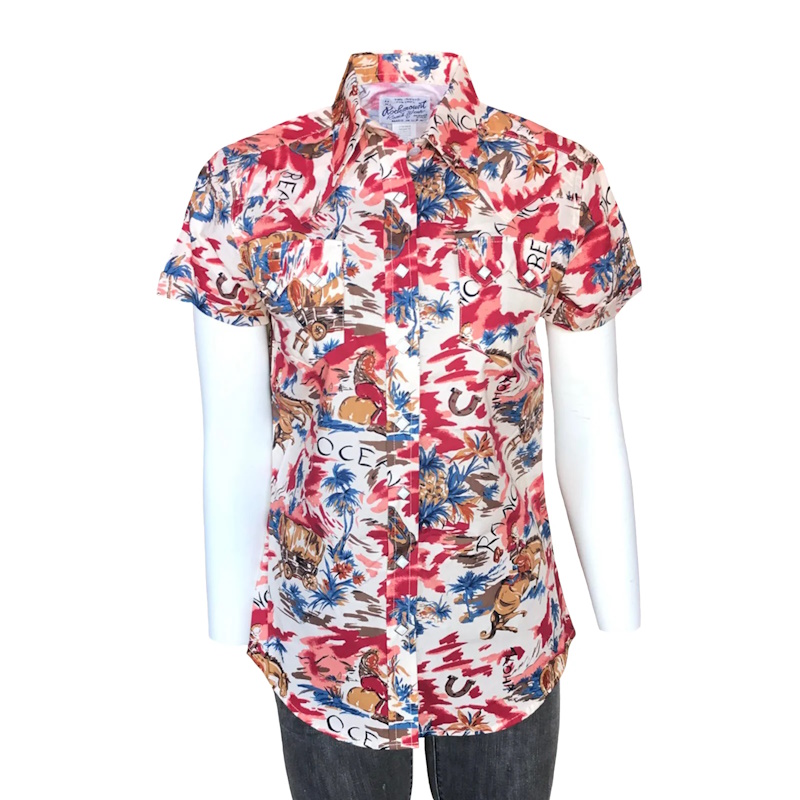 (image for) Women’s Red Western Hawaiian Print Short Sleeve Shirt