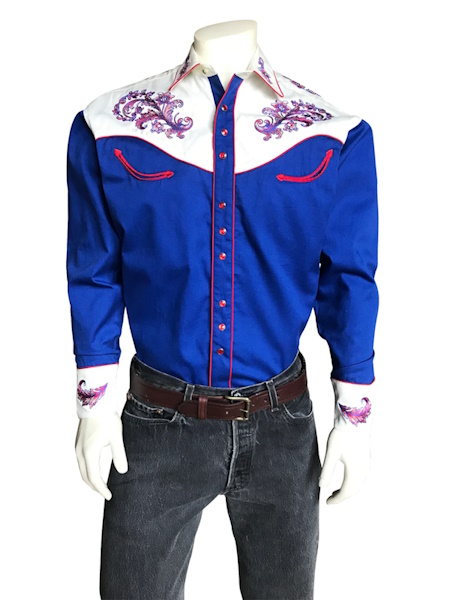Men's Royal & White Western Shirt with Floral Embroidery [6789ROY ...