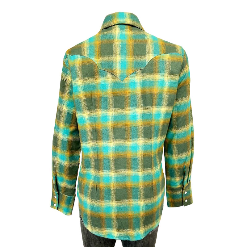 (image for) Plush Plaid Flannel Western Shirt Green & Turquoise