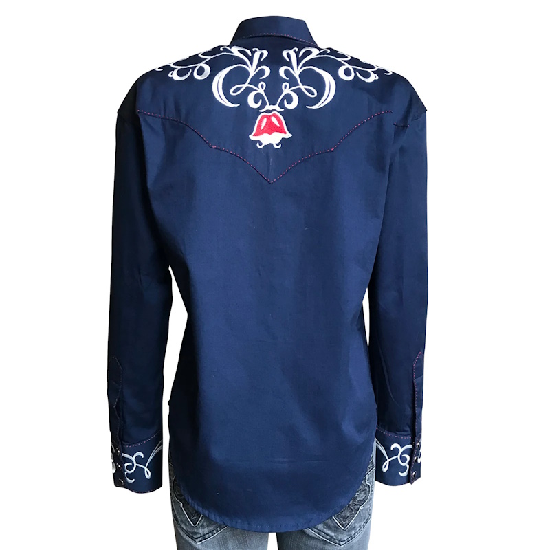 (image for) Women's Art Deco Floral Embroidery Navy Western Shirt