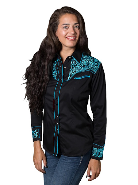 (image for) Women's Vintage Tooling Embroidery Black & Turquoise Western Shirt