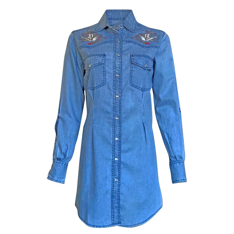 (image for) Women's Flying Swallows Embroidered Denim Western Shirt Dress