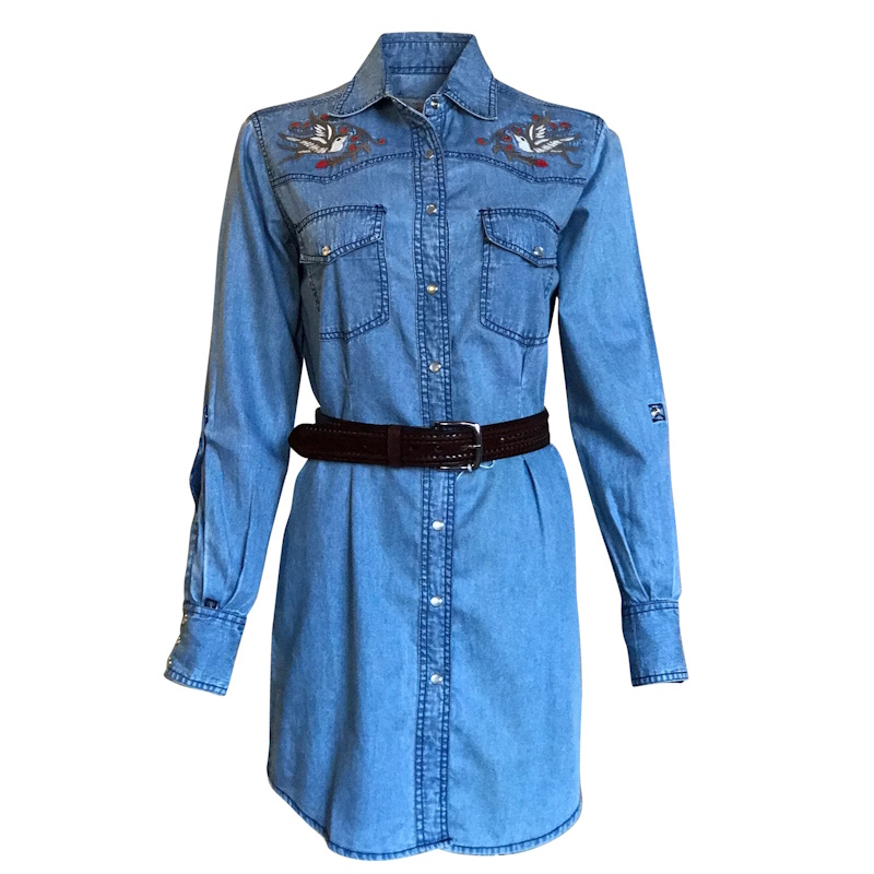 (image for) Women's Flying Swallows Embroidered Denim Western Shirt Dress