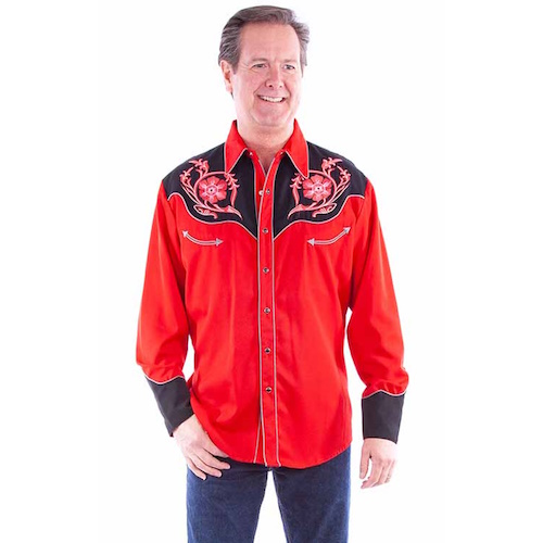 (image for) Western Two Tone Shirt Red Flower Embroidered Yokes