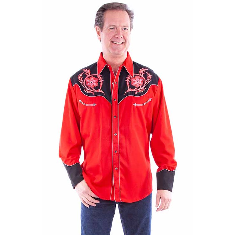 (image for) Western Two Tone Shirt Red Flower Embroidered Yokes