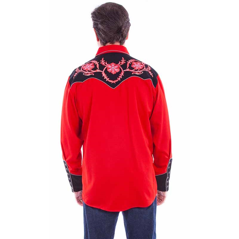 (image for) Western Two Tone Shirt Red Flower Embroidered Yokes